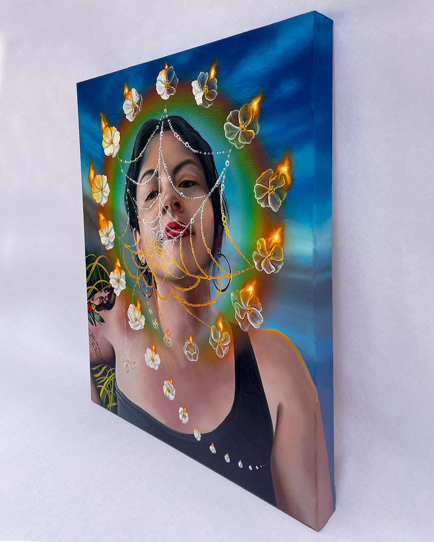 Canvas painting of a woman's portrait with decorative elements on a white background