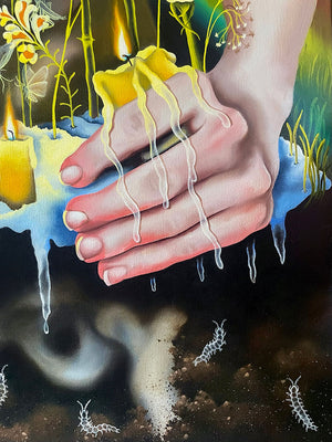 Artistic depiction of hands with a surreal background featuring candles and plants.