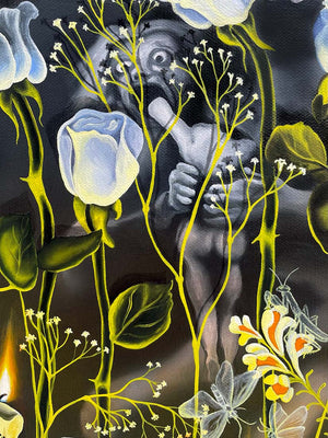 Artistic depiction of a figure holding a baby surrounded by flowers and plants on a dark background.