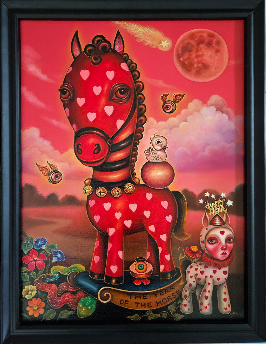 Colorful painting of a red horse with heart patterns and a small figure, set against a pink sky with clouds and celestial elements.