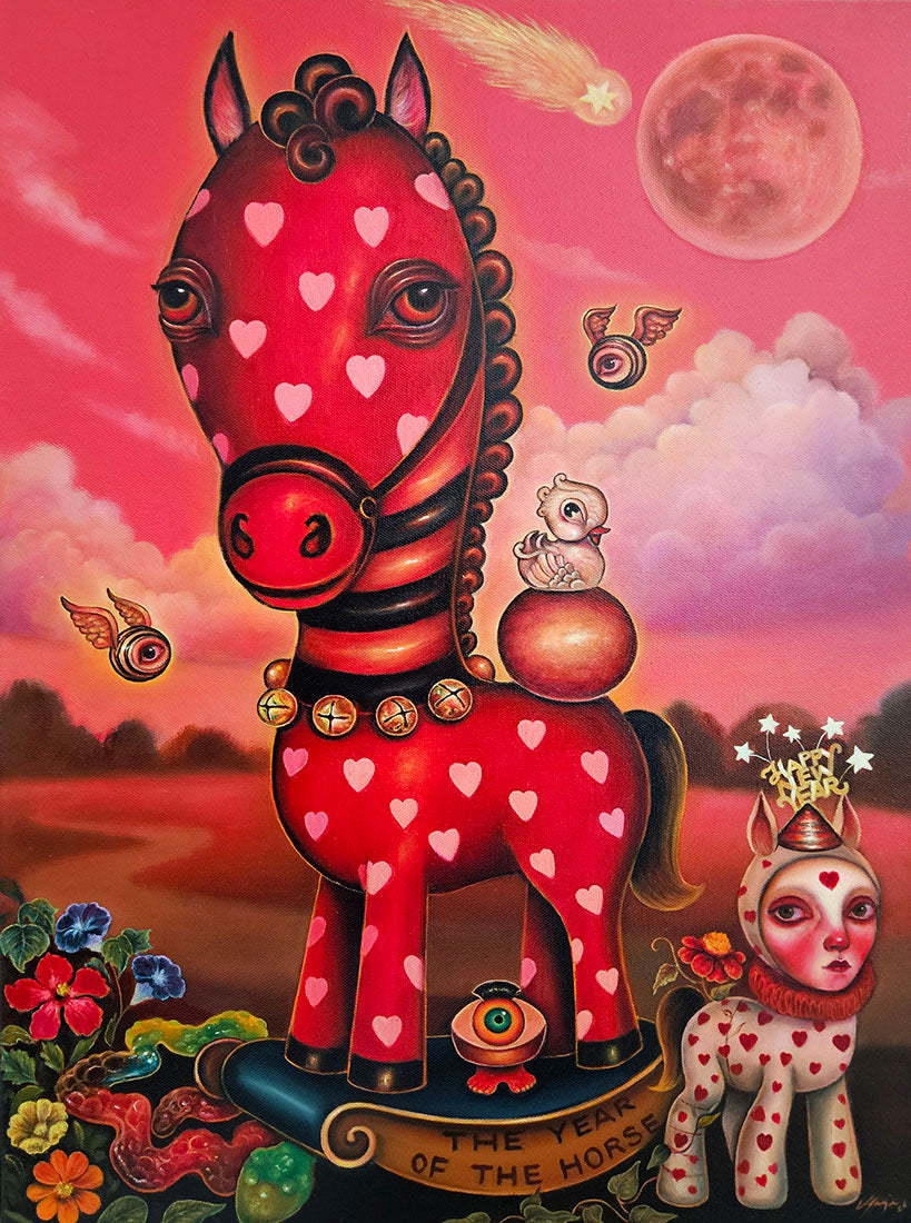 Colorful painting of a red horse with heart patterns and a small figure, set against a pink sky with clouds and celestial elements.