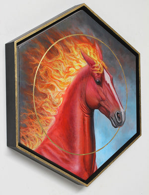Hexagonal frame with a painting of a red horse with flames around its head on a light gray background.
