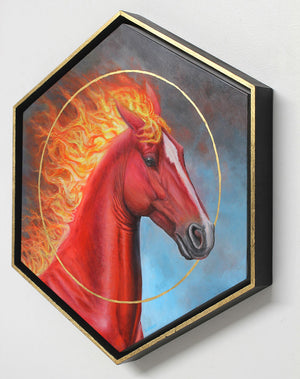 Hexagonal framed artwork of a red horse with fiery mane on a white wall