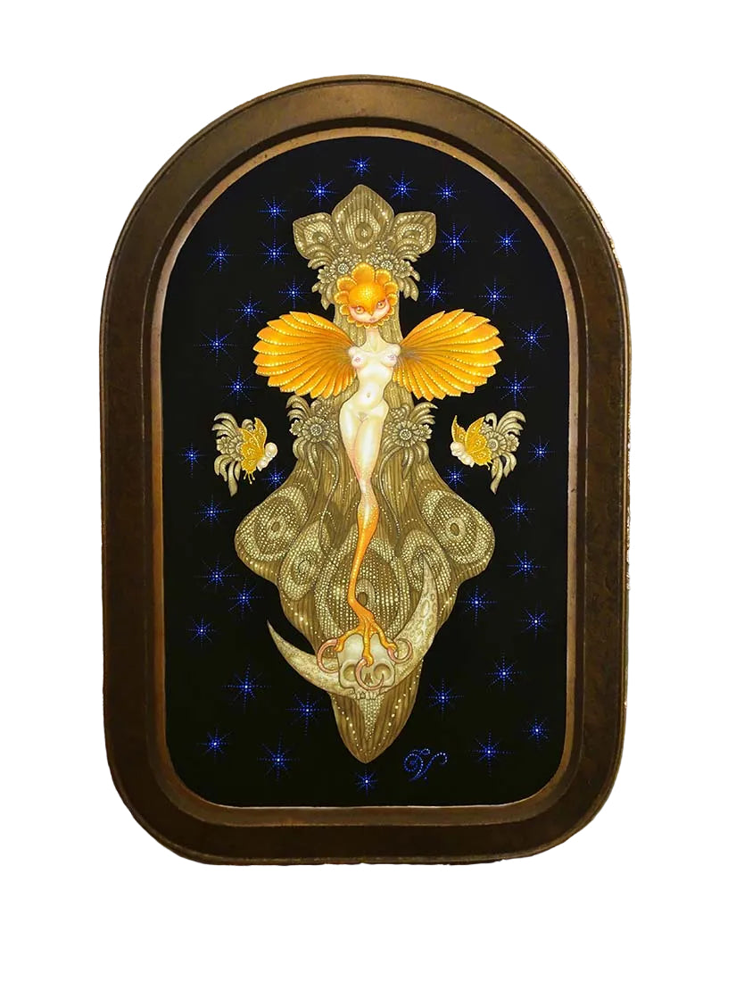 An arched framed art print featuring a fantasy illustration of a golden fairy-like figure with wings on a black background with blue star accents, mounted on a gold patterned wallpaper.
