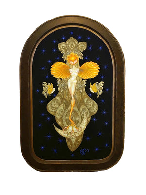 An arched framed art print featuring a fantasy illustration of a golden fairy-like figure with wings on a black background with blue star accents, mounted on a gold patterned wallpaper.
