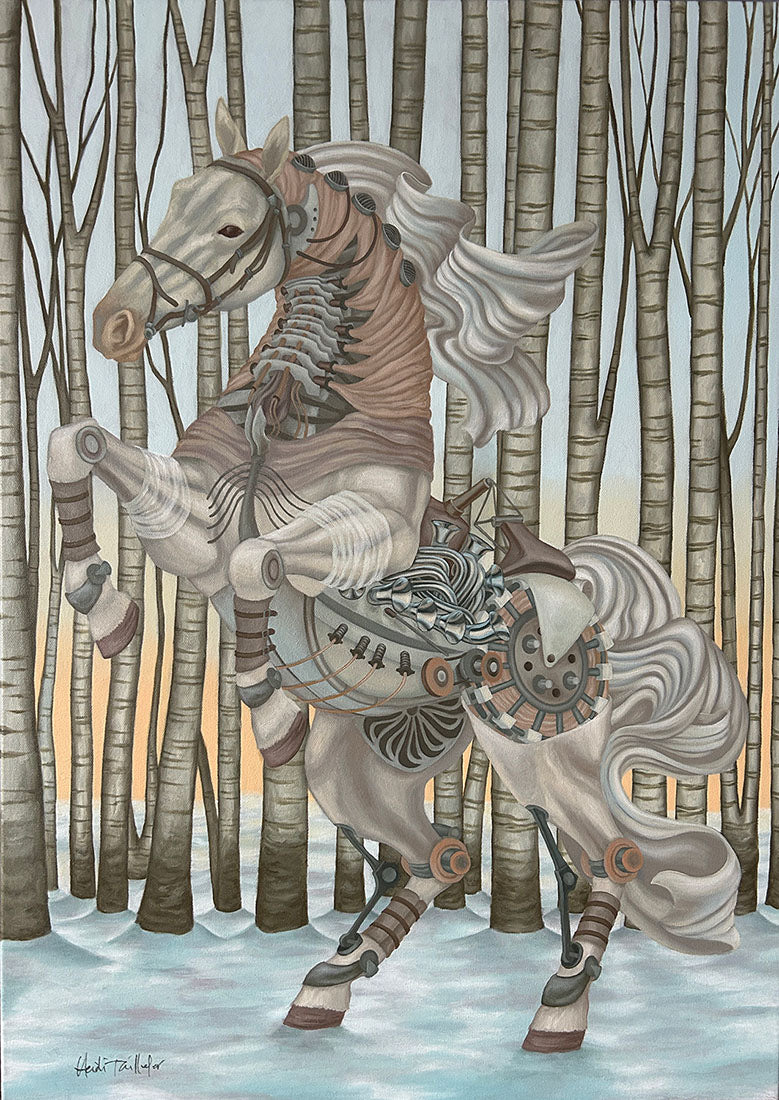 Steampunk horse in a forest setting with mechanical elements