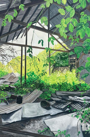Painting of a greenhouse with greenery and broken glass