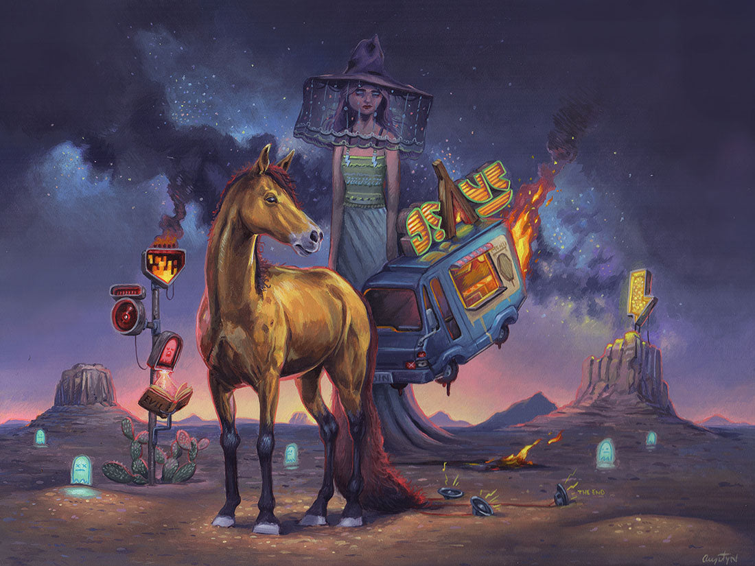 Fantasy scene with a horse and a chariot in a desert landscape under a starry sky.