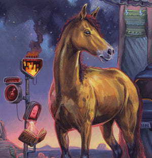 Horse standing in a desert landscape with a lantern and cactus in the background