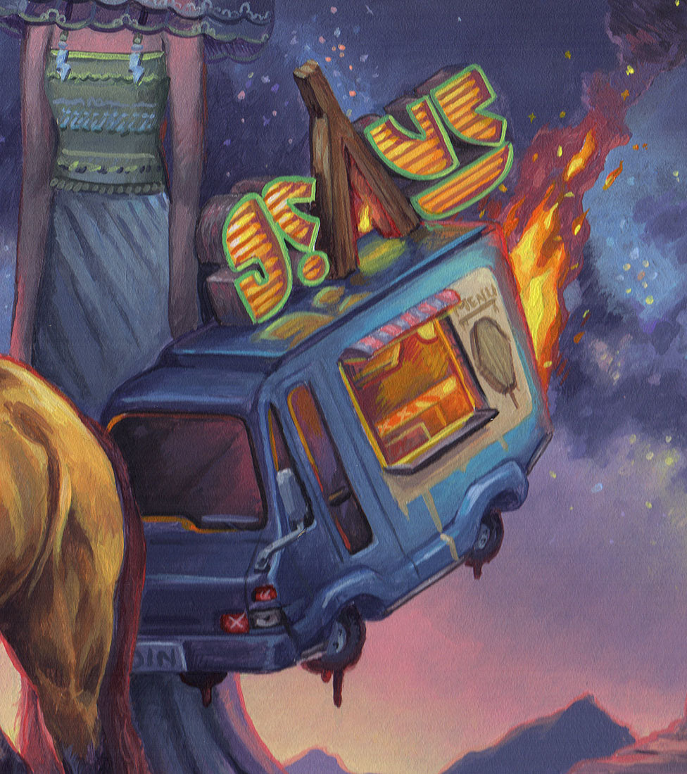 Illustration of a food truck with 'Savage' sign and flames, against a colorful background.