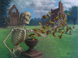 Sandra Yagi painting of a skeleton and butterflies in a graveyard