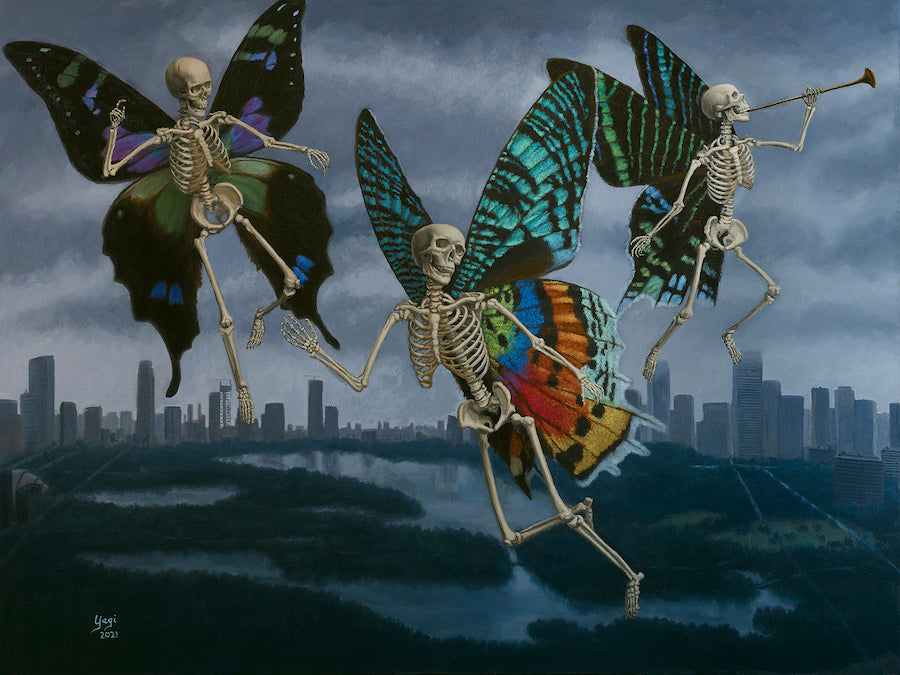 Sandra Yagi painting of 3 skeletons with butterfly wings flying over New York City.