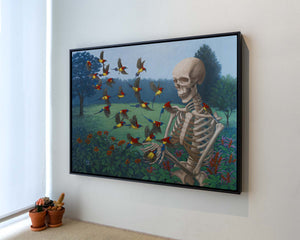 Sandra Yagi Painting of a skeleton with birds hanging on a wall