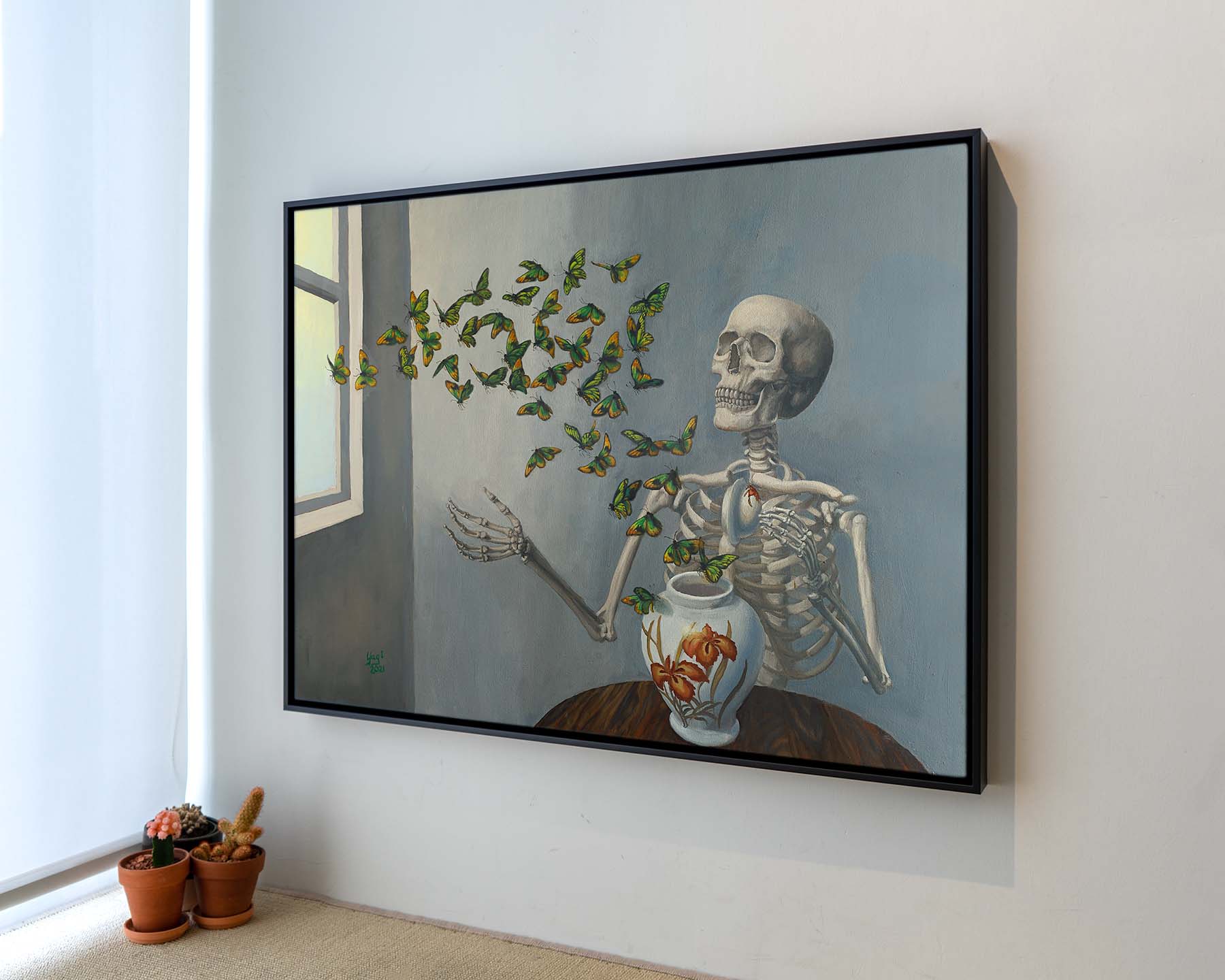 Sandra Yagi painting of a skeleton and vase full of butterflies