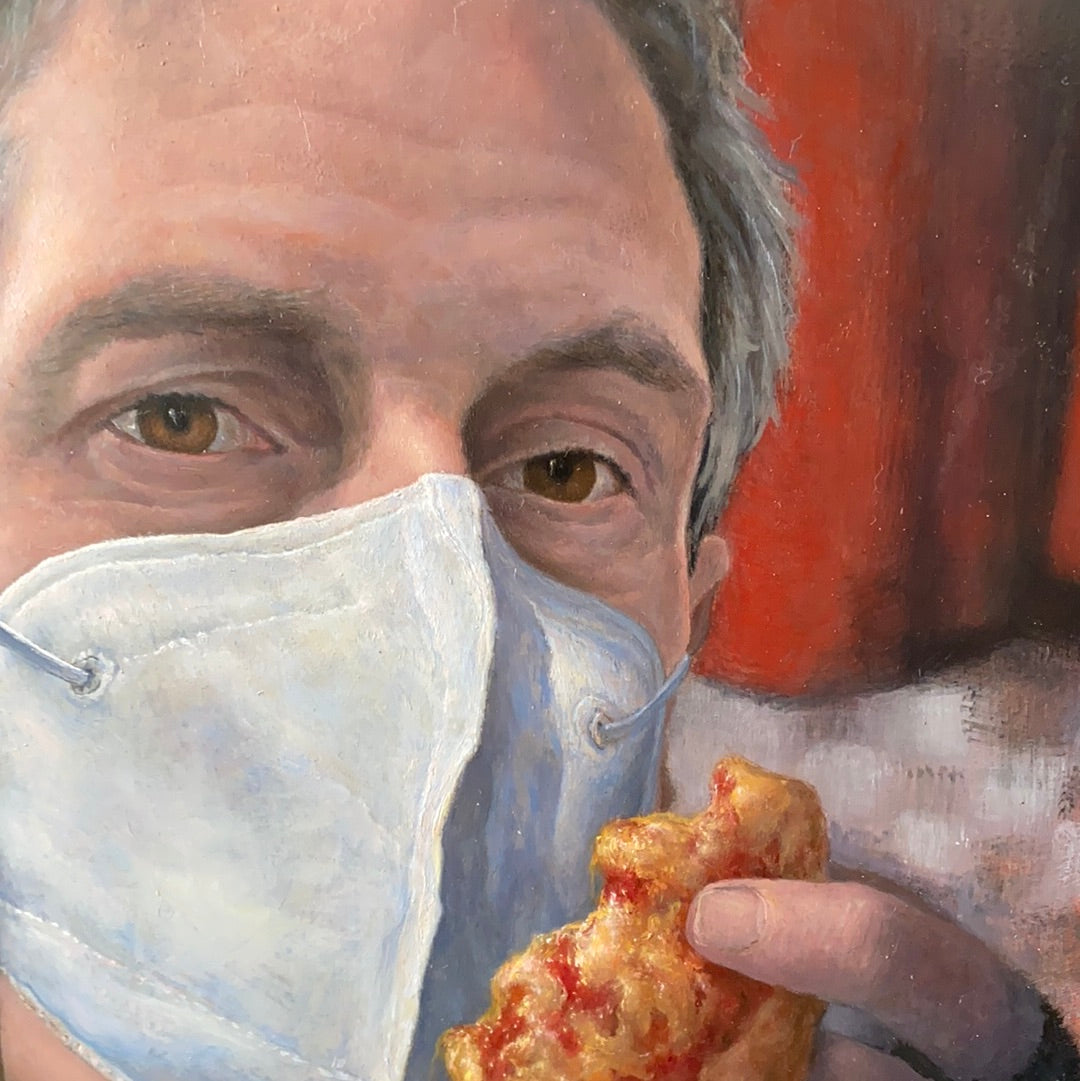 Pandemic Portrait with Beer and Pizza (after Dick Ket)