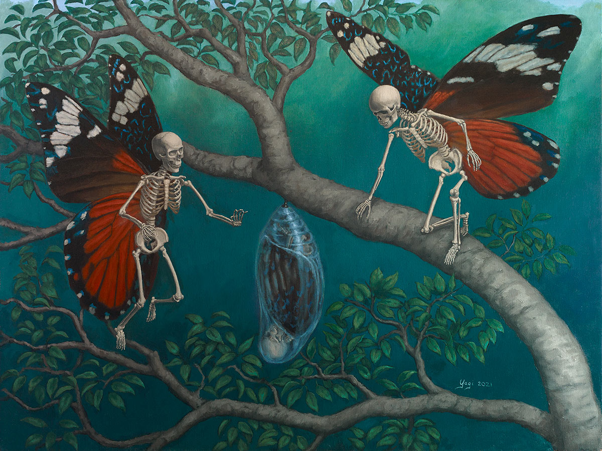 Sandra Yagi painting of two winged skeletons and cocoon