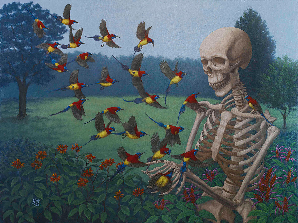 Sandra Yagi painting of a skeleton and birds
