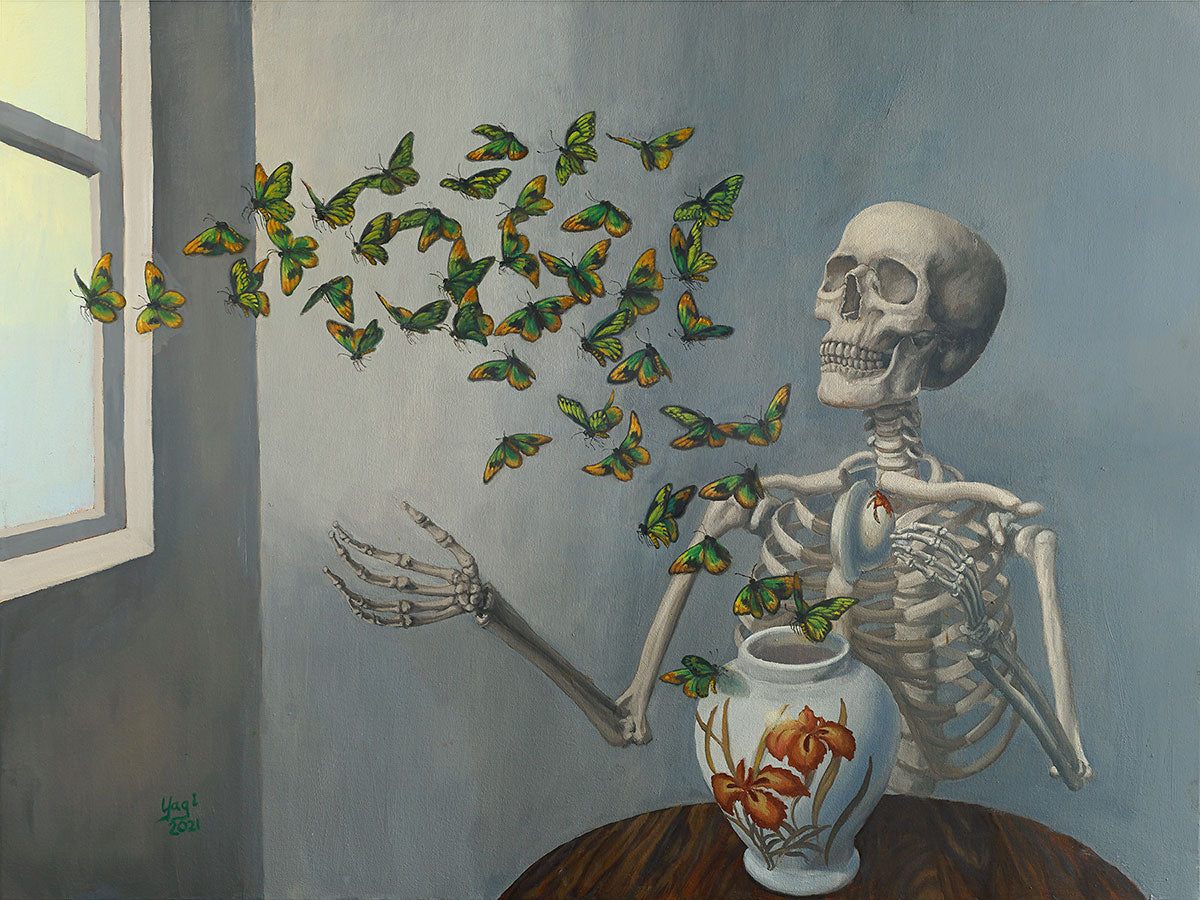 Sandra Yagi painting of a skeleton and vase full of butterflies
